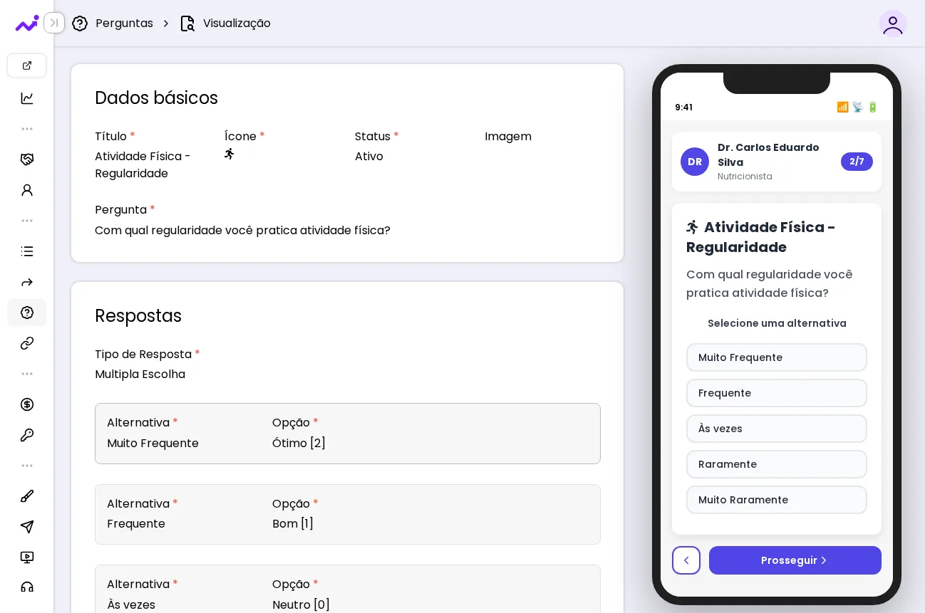 Tela de pergunta do Nutringage com preview mobile para o paciente